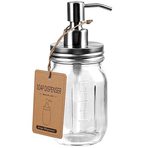 Mason Jar Soap Dispensers - Rustproof Stainless Steel Lid &Pump  Refillable Wash Hand Soap for Bathroom Kitchen-Ideal for Dish Soap Liquid Soap  Lotions Waterproof Stickers 16-Oz/Brushed Nickel