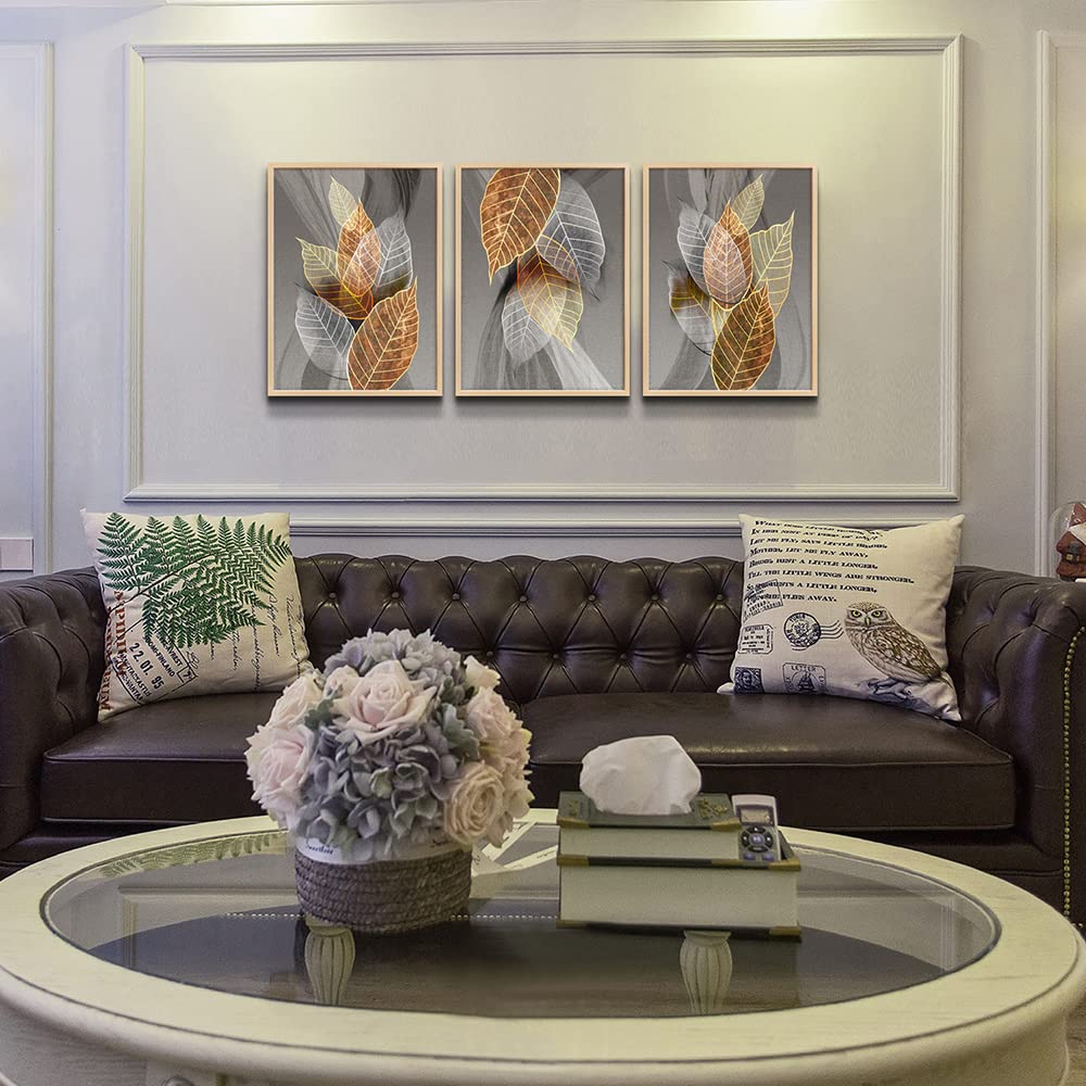 Hyidecorart Natural Framed Canvas Wall Art - 3 Piece Abstract Leaf Prints, 12x16 inches, Ideal for Living Room, Bedroom, and Bathroom Decor