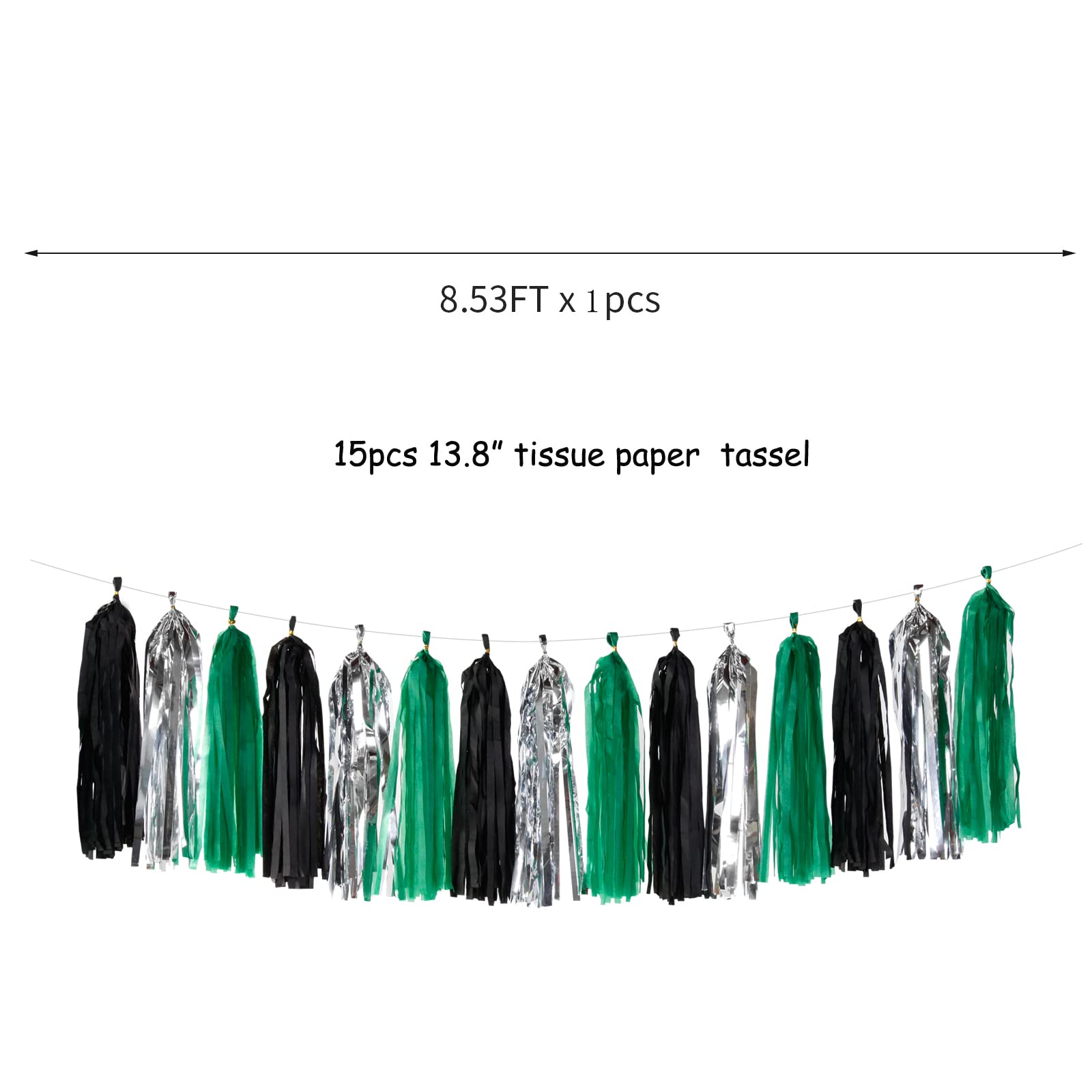 Black Green Silver Tassel Garland - 15pcs Soccer Party Supplies Tassels Graduation Backdrop Decorations Men Boys Birthday Spring