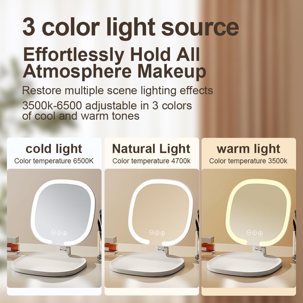 Lumicll Rechargeable LED Travel Makeup Mirror, 3-Color Lighting, Dimmable Touch Screen, Multi Angle Adjustable, Foldable and Por