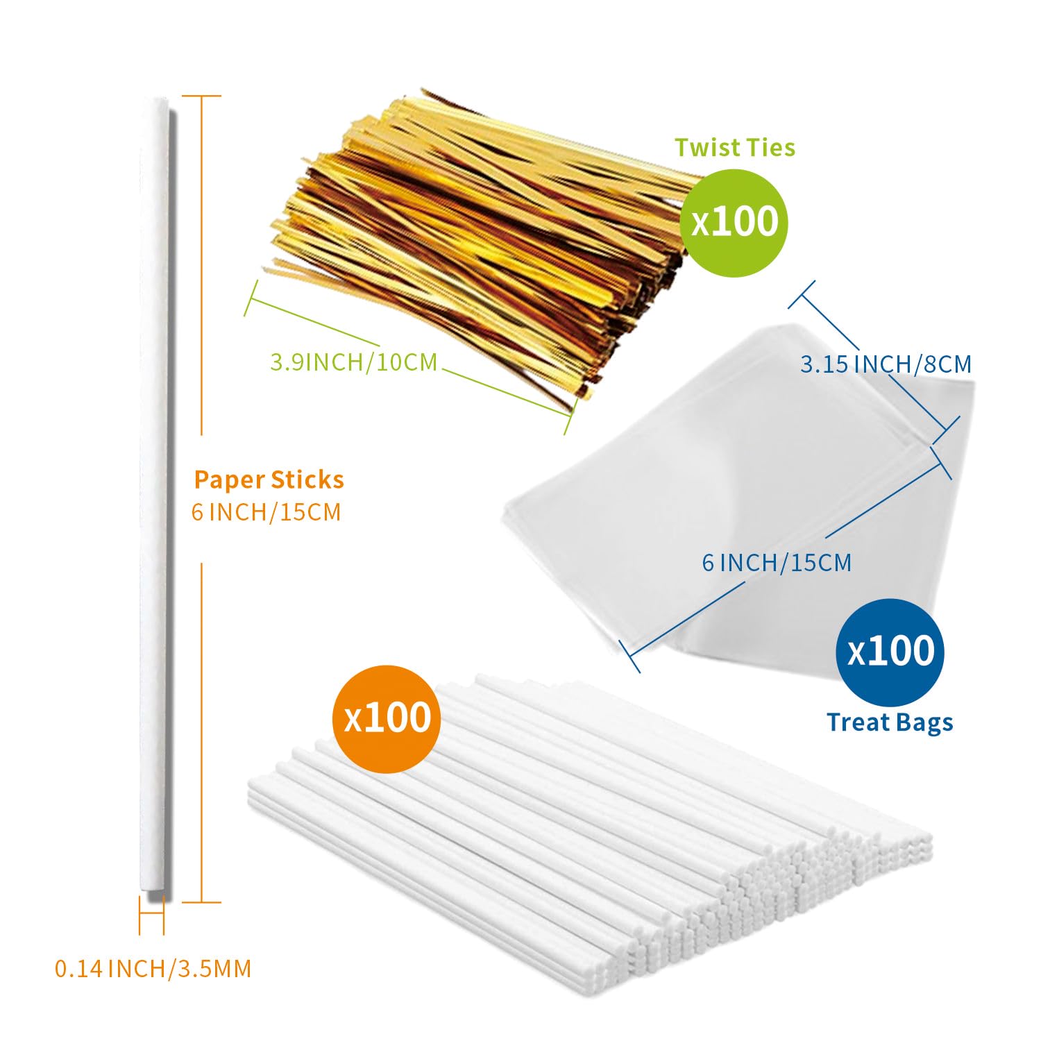 300Pcs 6Inch Lollipop Sticks, Cake Pops, Candies, Chocolates And Cookies Bag Set Including 100 Parcel Bags, 100 Papery Treat Sti