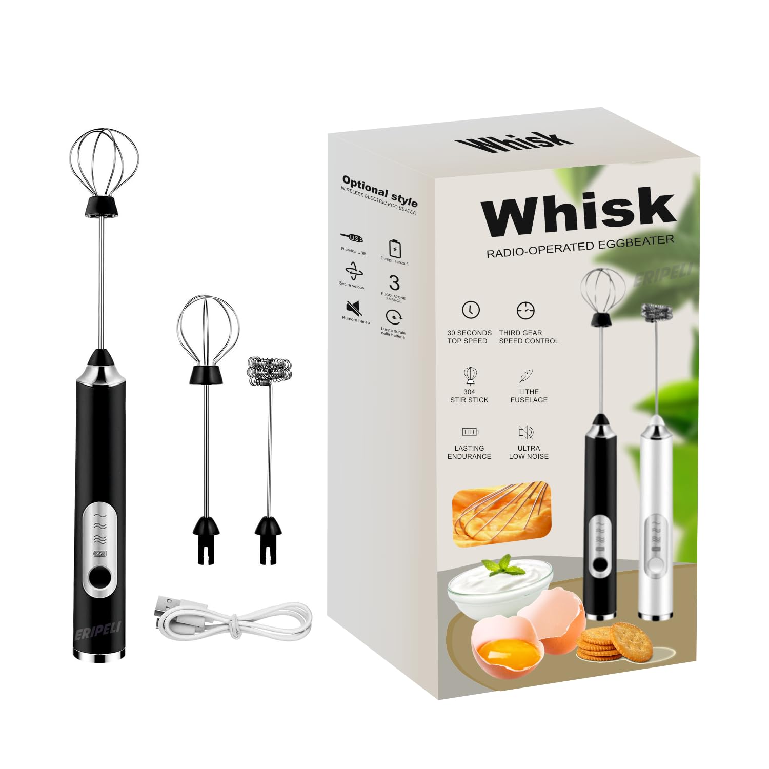 Eripeli Hand Blender Coffee Frother Milk Frother Usb Rechargeable Electric Foam Maker For Cappuccino Whisker Egg Beater, Black