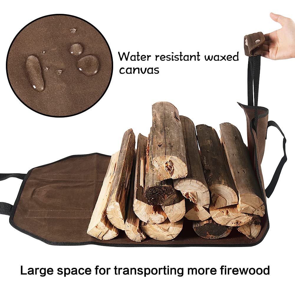 Hrx Package Waxed Canvas Firewood Bag Carrier, Water Resistant Wood Carrying Bag With Handles Log Tote For Kitchen Camping Trip