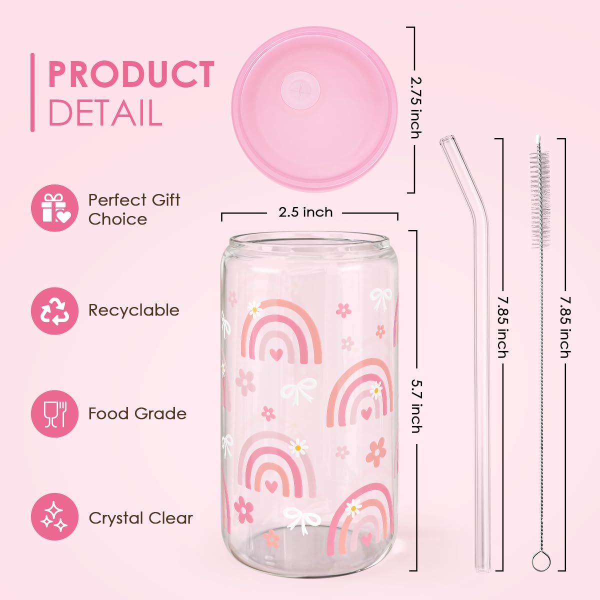 Rainbow 16oz Can Glass Tumbler with Acrylic Lid & Straw, Iced Coffee Cup for Women Girls, Aesthetic Cups Gifts for Birthday Chri