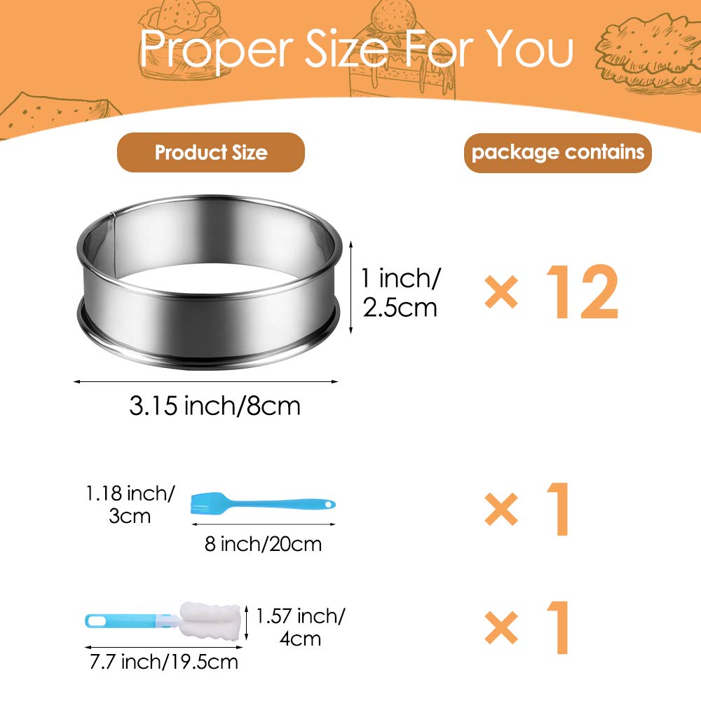Gutsdoor 12 Pieces Muffin Tart Rings Crumpet Tart Rings Stainless Steel Metal Round Double Rolled English Muffin Rings Mold 3.15
