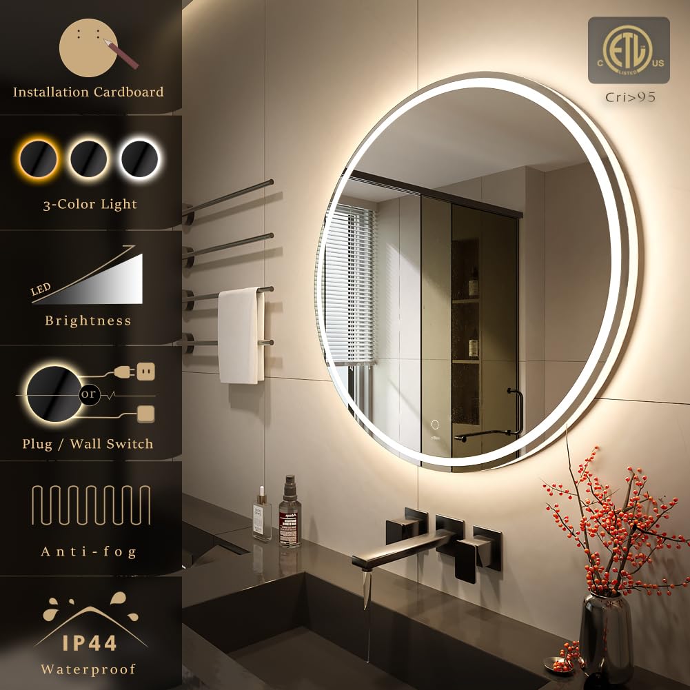 KWW 28 Inch Large Modern LED Round Bathroom Vanity Mirror  Color Temperature Adjustable  Anti-Fog Dimmable Lights  Easy to Install  Wall Mounted Makeup Mirror with Smart Touch Button