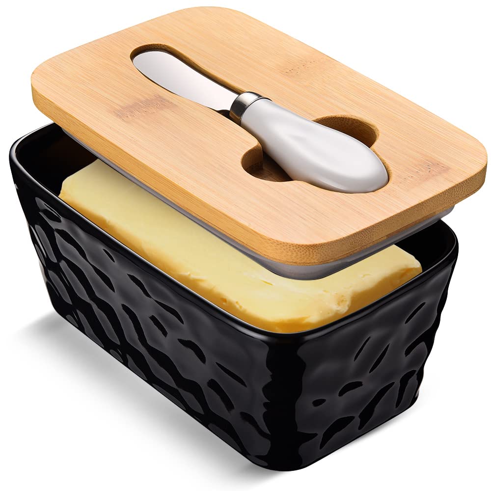 Stone Butter Dishes With Covers - Large Ceramic Butter Dish For Countertop - Double Silicone Seal - Black
