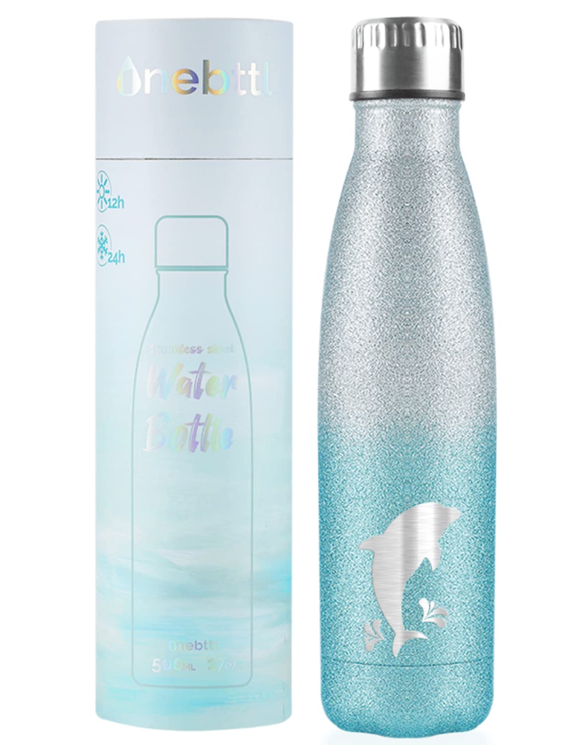 Dolphin Gifts For Women, Dolphin Gifts For Christmas, Stainless Steel Glitter Bottle 17Oz, Silver-Blue