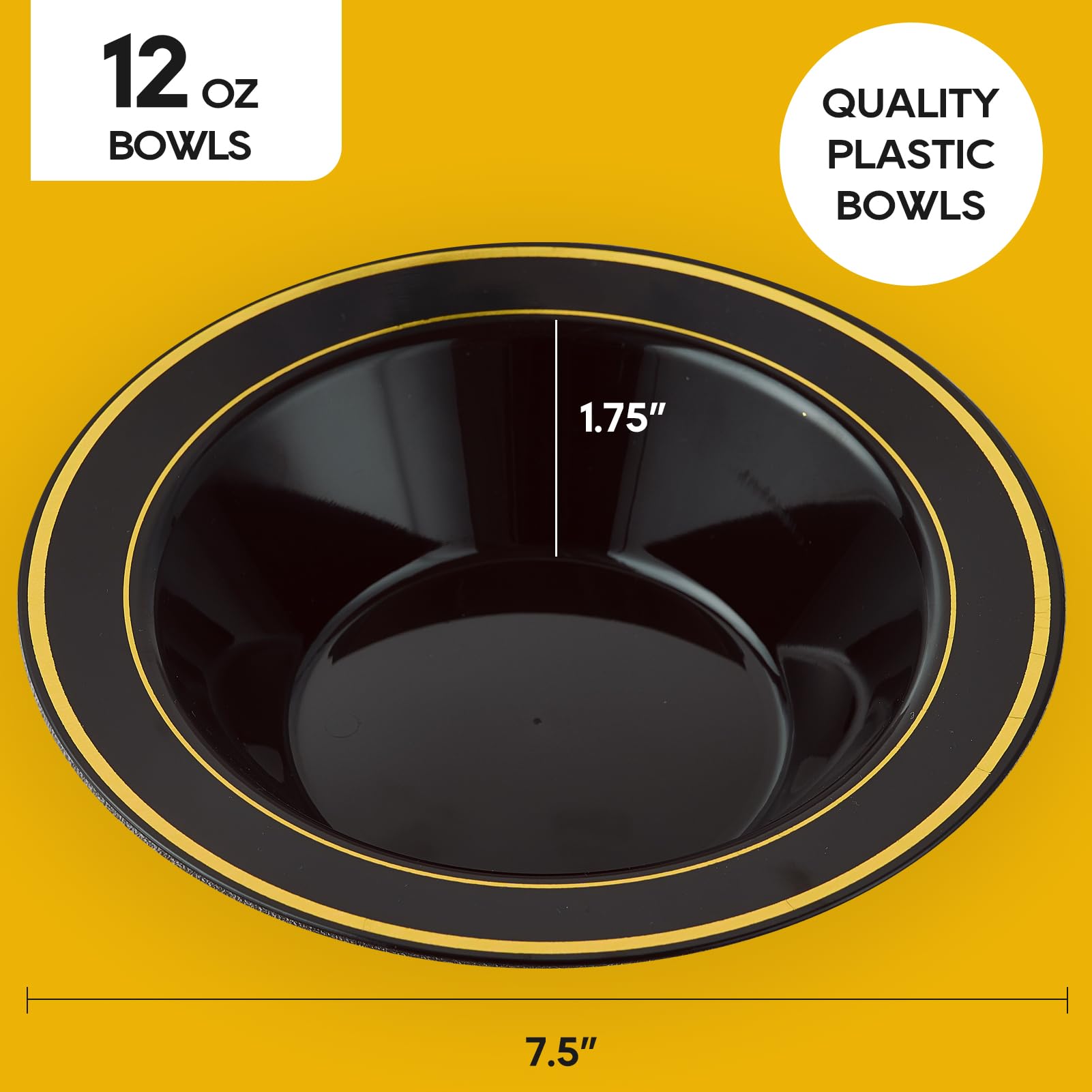 Jolly Party 50Pcs Black Plastic Bowls With Gold Rim-12Oz Disposable Soup Bowls, Christmas Thanksgiving Premium Dessert Salad Bow