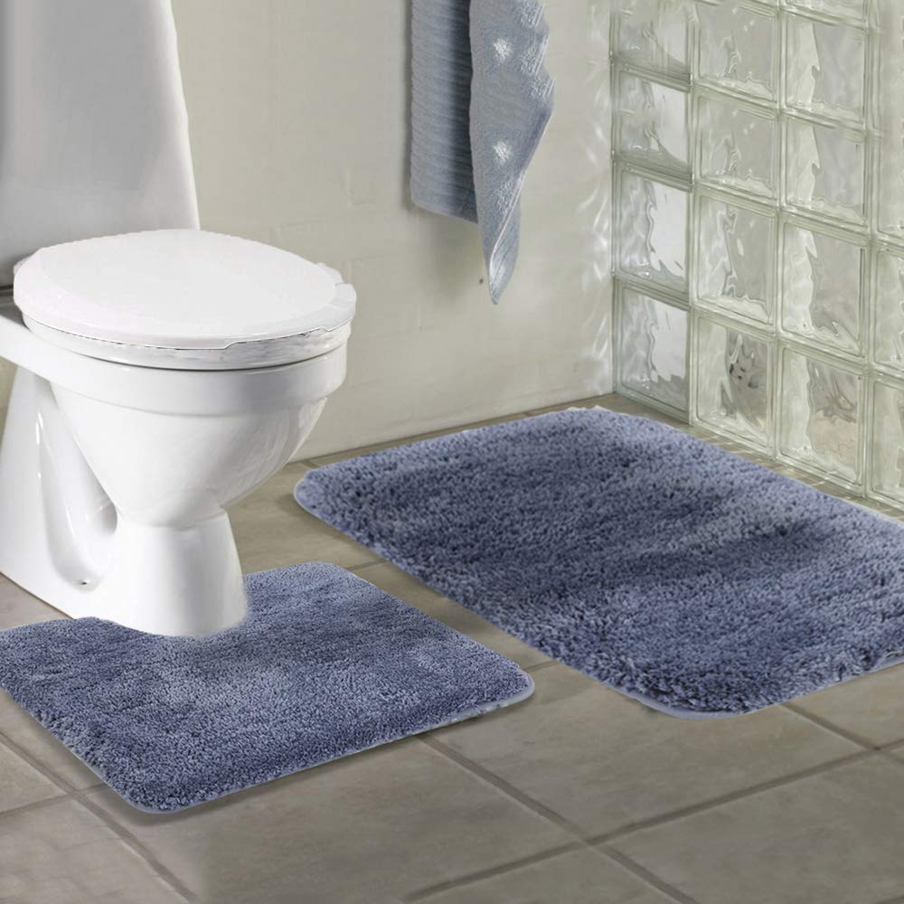 Walensee Shaggy 2 Piece Bath Rug Sets (Blue) 20 X 24 U Shape Contour Rug & 20 X 32 Bathroom Rug Machine Wash/Dry Bath Mats For B