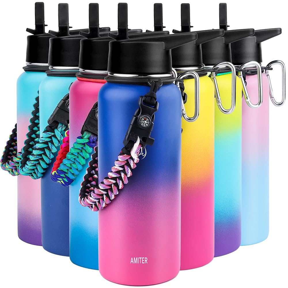 Amiter Water Bottle For Kids With Wide Mouth Straw Lid & Handle Lid (22Oz, 32Oz, 40Oz, 64Oz), Vacuum 18/8 Insulated Stainless St