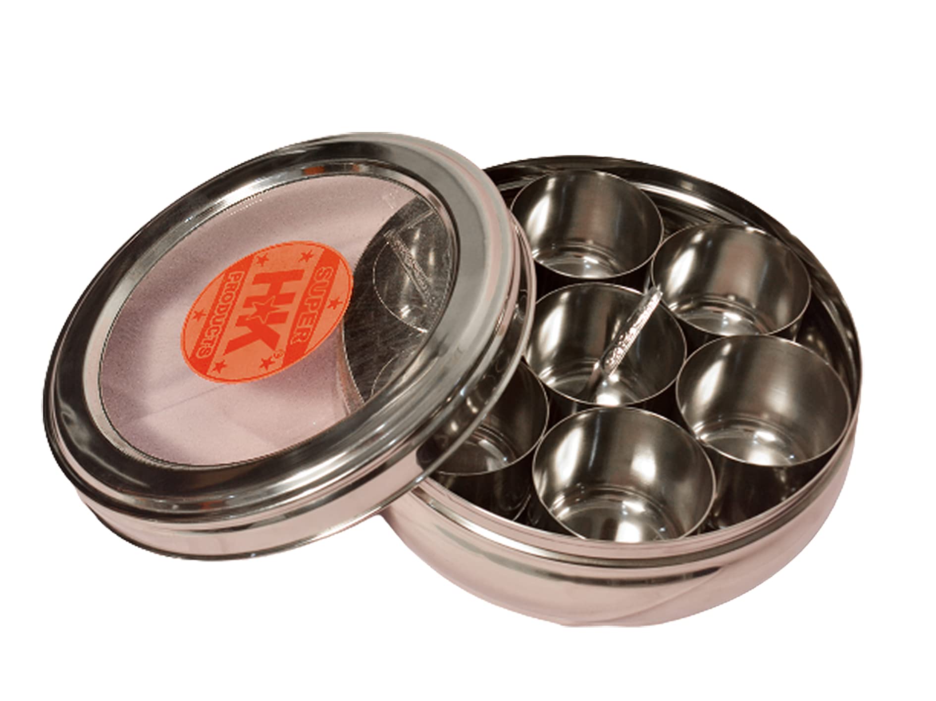 Super Hk Stainless Steel Belly Shape Masala (Spice) Box/Dabba/Organiser With See Through Lid With 7 Containers And 2 Small Spoon