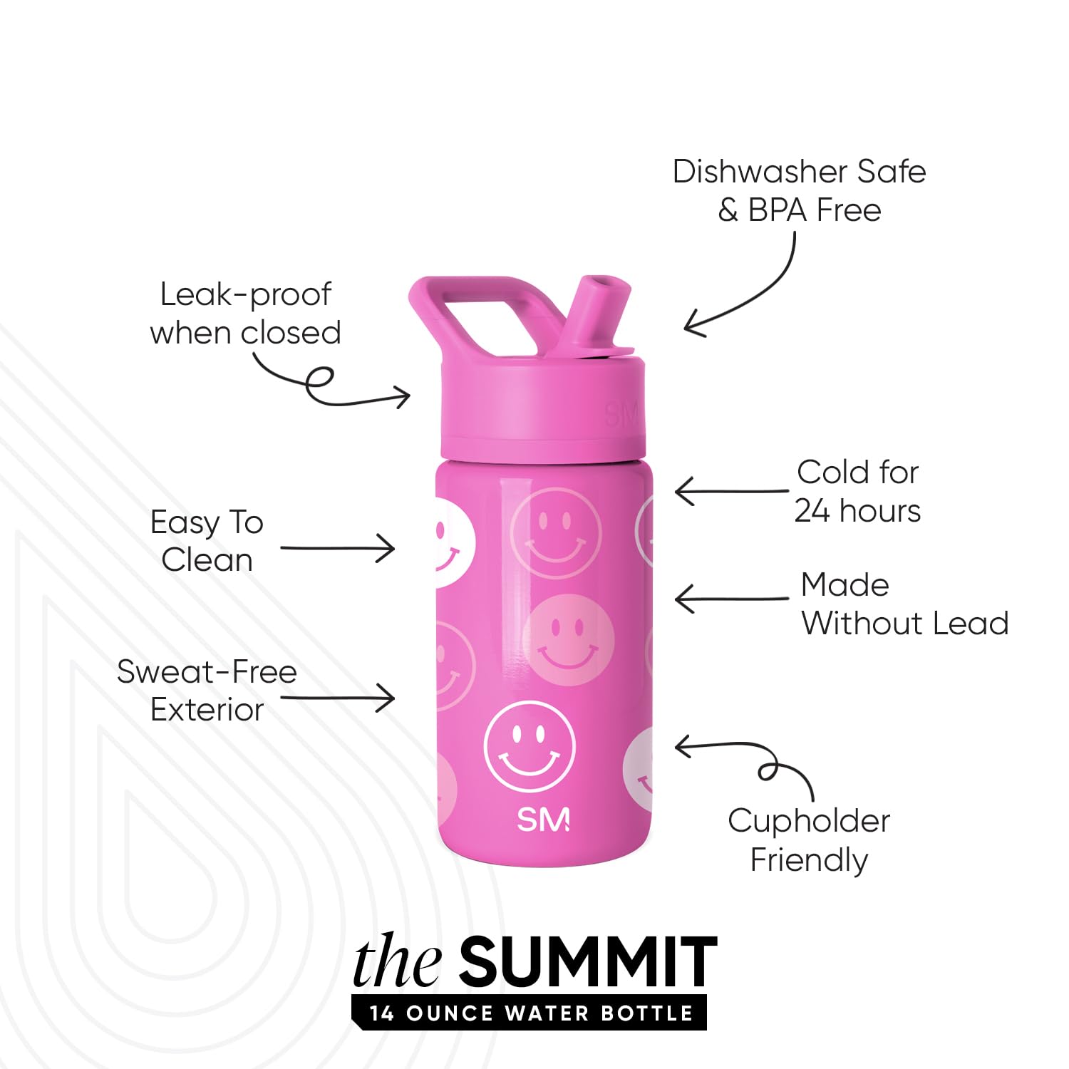 Simple Modern Kids Summit Water Bottle with Straw Lid | 14oz Stainless Steel Cup Insulated Tumbler for Toddlers, School | Pink H