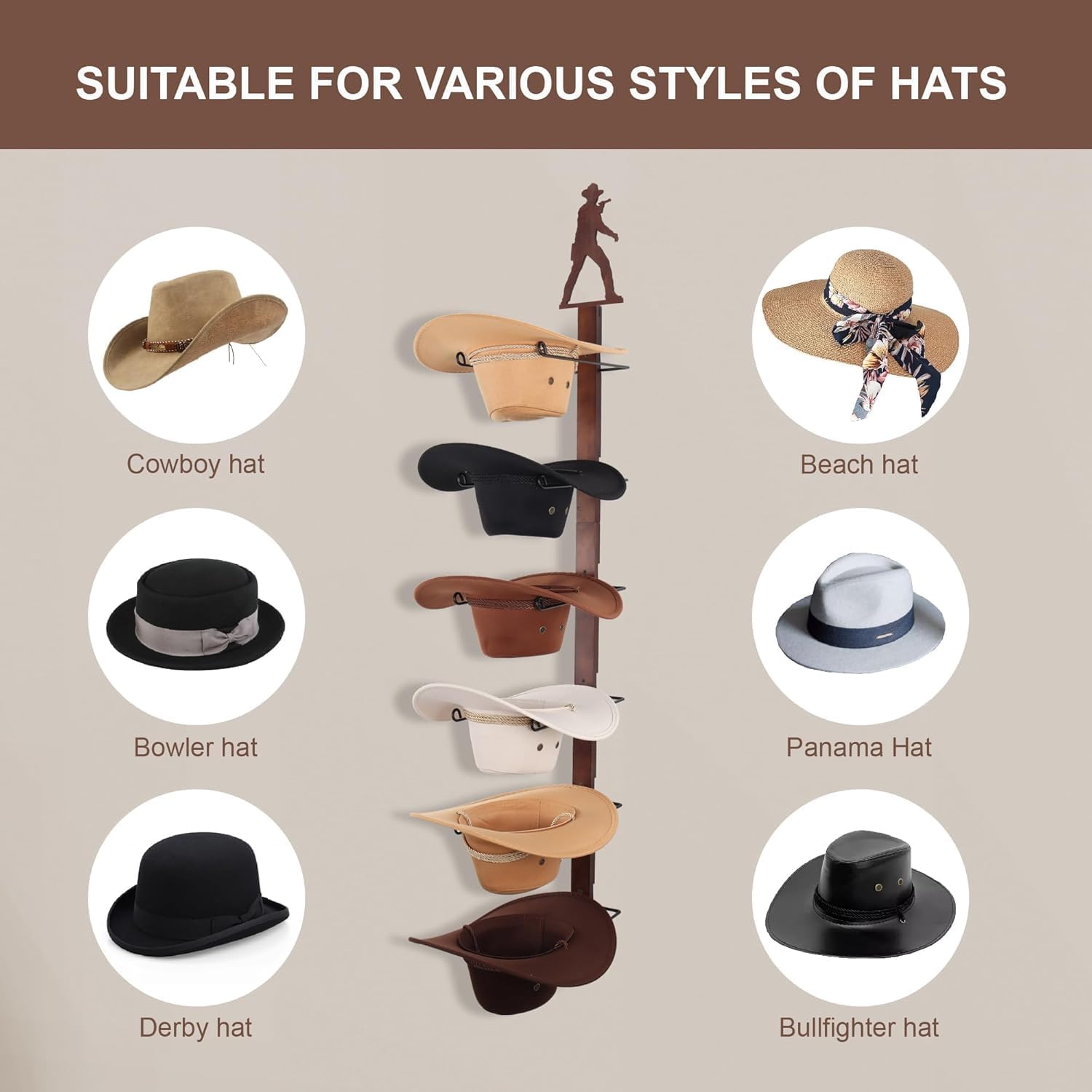 Canwupon Cowboy Hat Rack Holder For Wall - Wild Western Style Design Hat Organizer With 6 Hat Hooks For Wall Mount, Hat Stand An