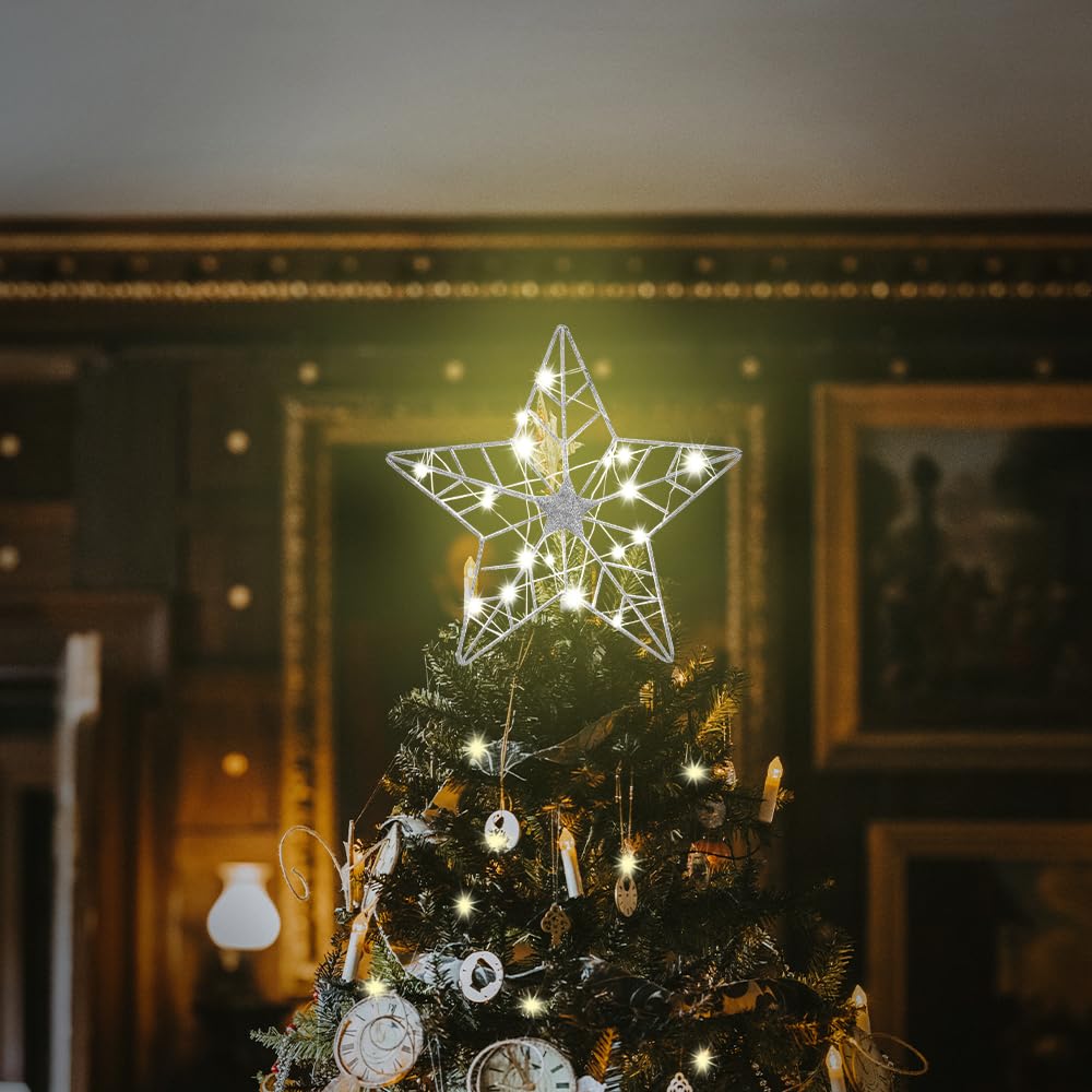 YEAHOME Christmas Tree Topper, Silver Glittered Hollow 5-Point Star Tree Topper for Christmas Tree Decorations, Lighted Wire Sta