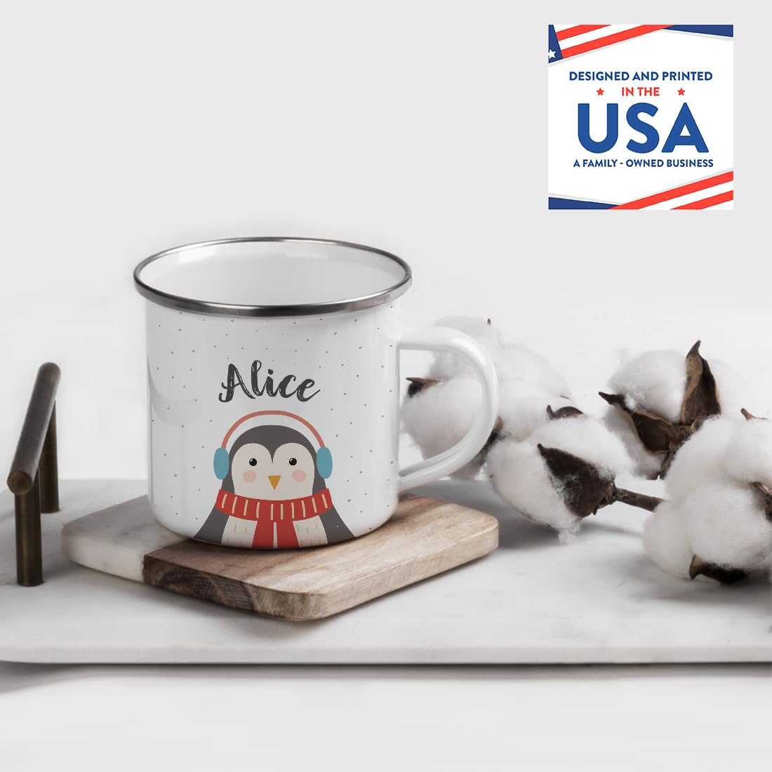 Andaz Press Personalized 11Oz. Christmas Hot Chocolate Stainless Steel Campfire Coffee Mug Gift, Penguin, 1-Pack, Custom Name En