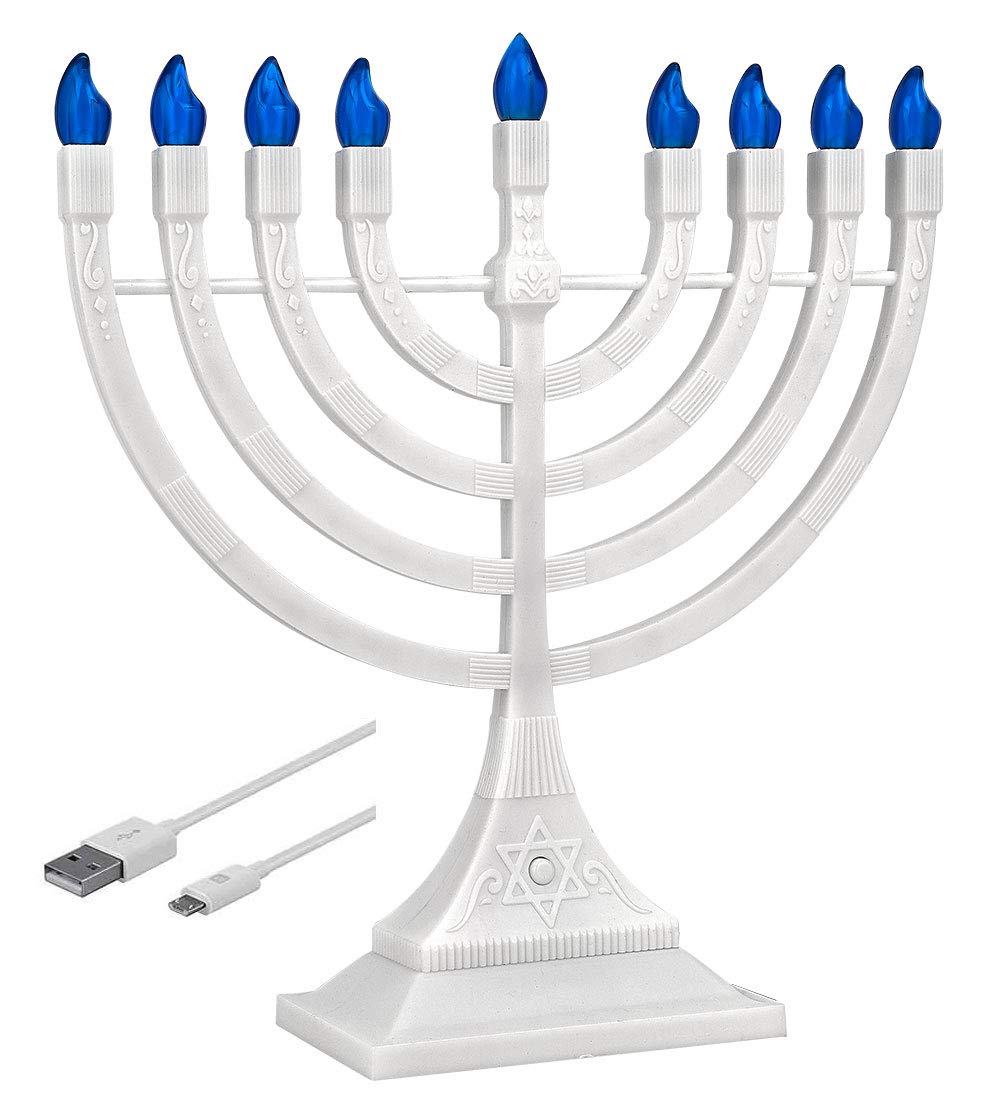 Zion Judaica White Electronic Hanukkah Menorah with Blue LED Flame Shaped Bulbs - Batteries or USB Powered - 4 Cable Included C