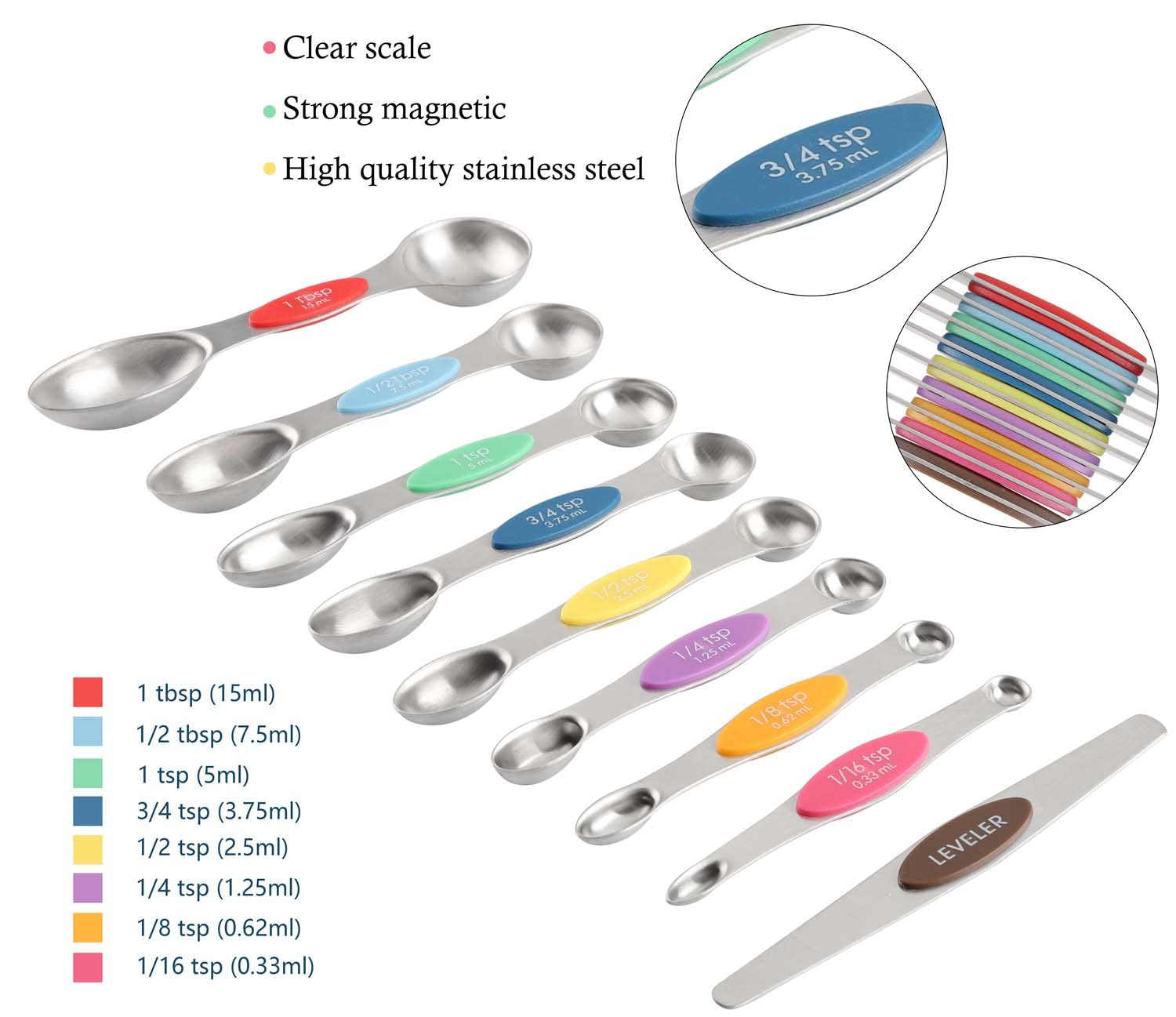 Turewin Magnetic Measuring Cups and Spoons Set - 7 Stainless Steel Cups, 8 Double-Sided Spoons, Leveler, Color Variants