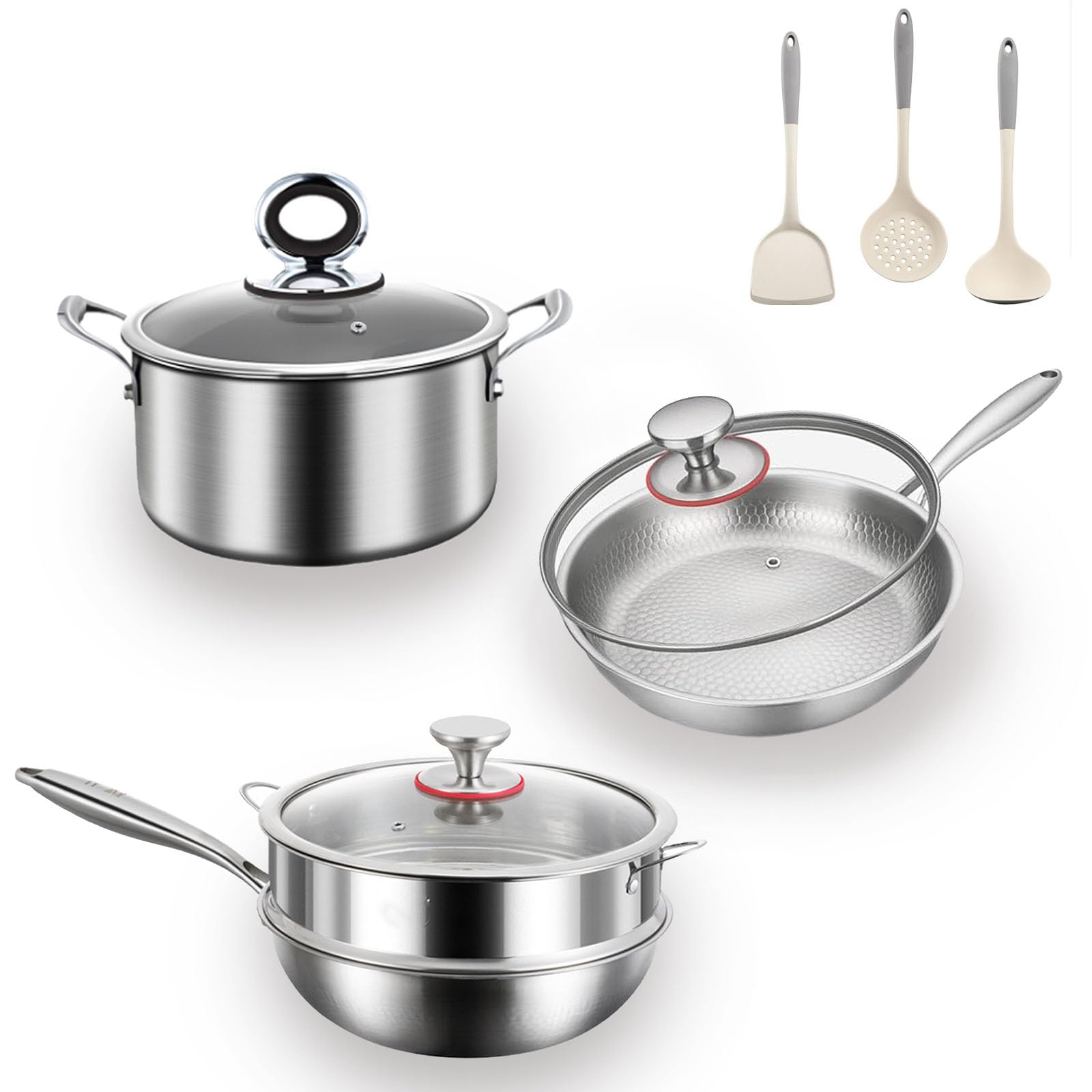 Titanium Pans set for Cooking, Titanium Frying Pan & Titanium Soup Pot And Titanium Wok with Steamer, NonToxic Titanium Hammere
