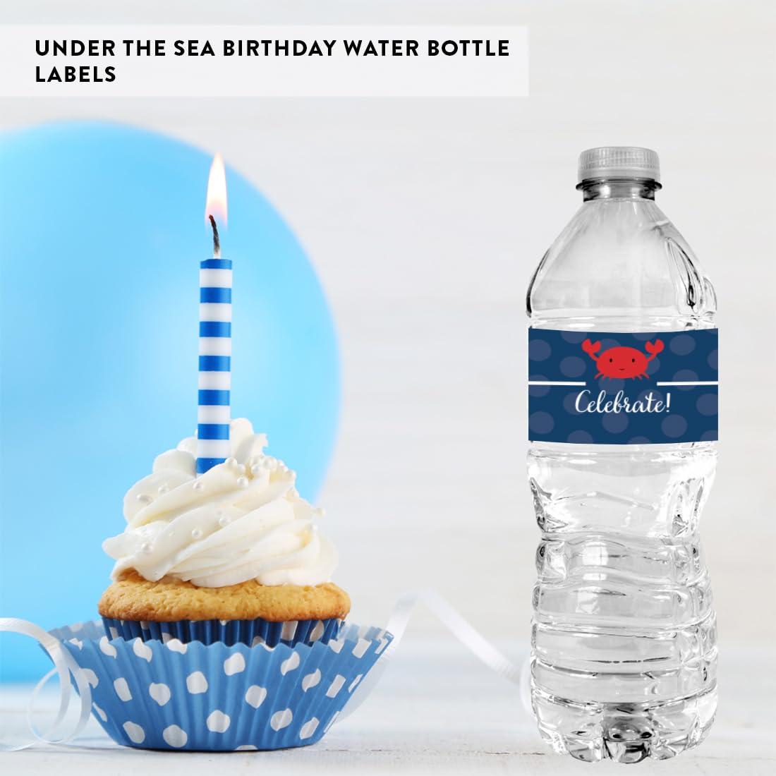 Andaz Press Birthday Water Bottle Labels Stickers, Nautical Crab, 20-Pack, For Decor Decorations Dessert Table Wraps