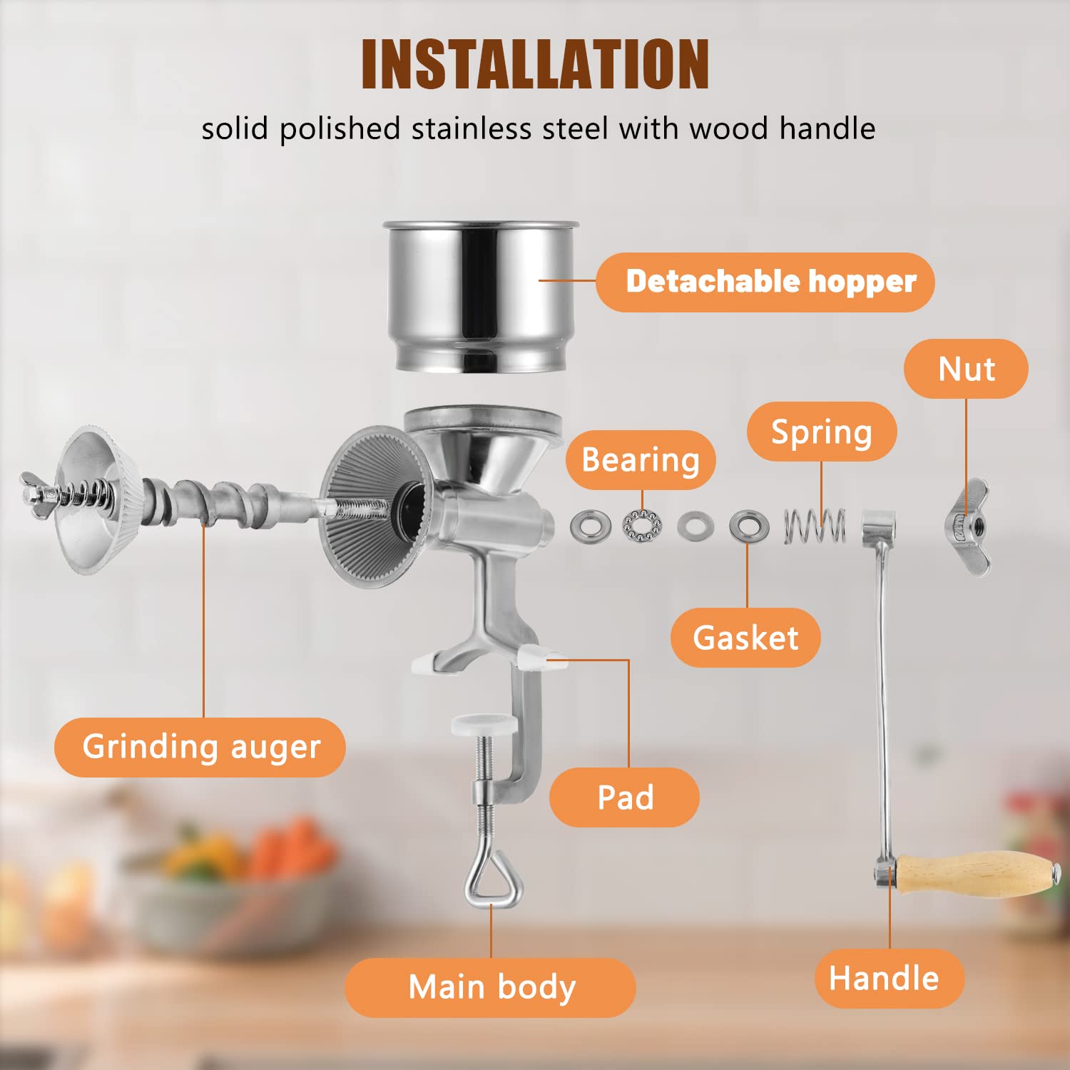 Moongiantgo Hand Grain Mill Manual Coffee Grinder Coarseness Adjustable Stainless Steel Hand Crank Grinding Tool With Table Clam