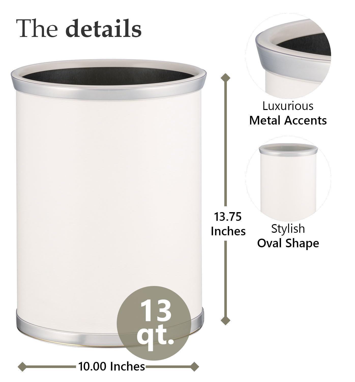 Sophisticates White W/ Brushed Chrome 14 Inches Oval Waste Basket