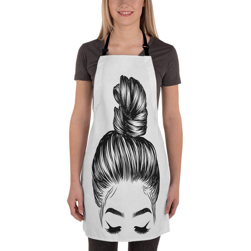 Moslion Girl Apron 31X27 Inch Sketch Of Woman With Fashion Bun Perfect Eyebrow Eyelash Kitchen Chef Waitress Cook Aprons Bib Wit