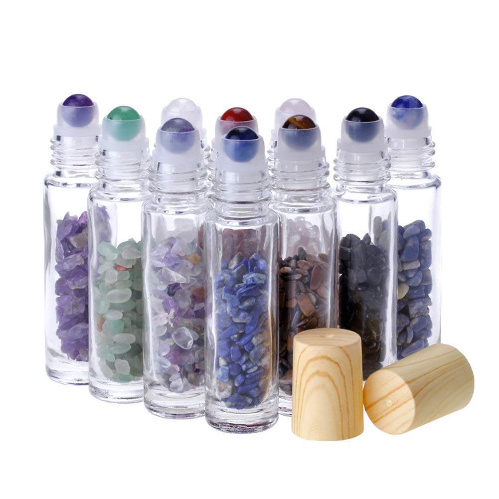 10Pcs Clear 10ml Thick Glass Roll on Bottles Vials Travel Containers Massage Roller Bottle with Gemstone Roller Ball for Essenti