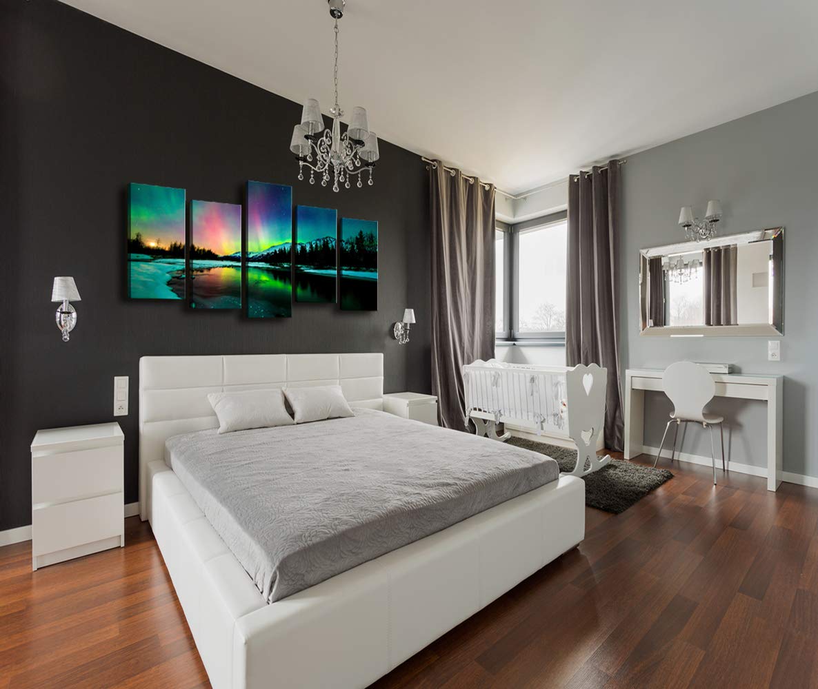 S01927 5 Pieces Wall Art Aurora Scenery Painting On Canvas Stretched And Framed Canvas Paintings Ready To Hang For Home Decorati