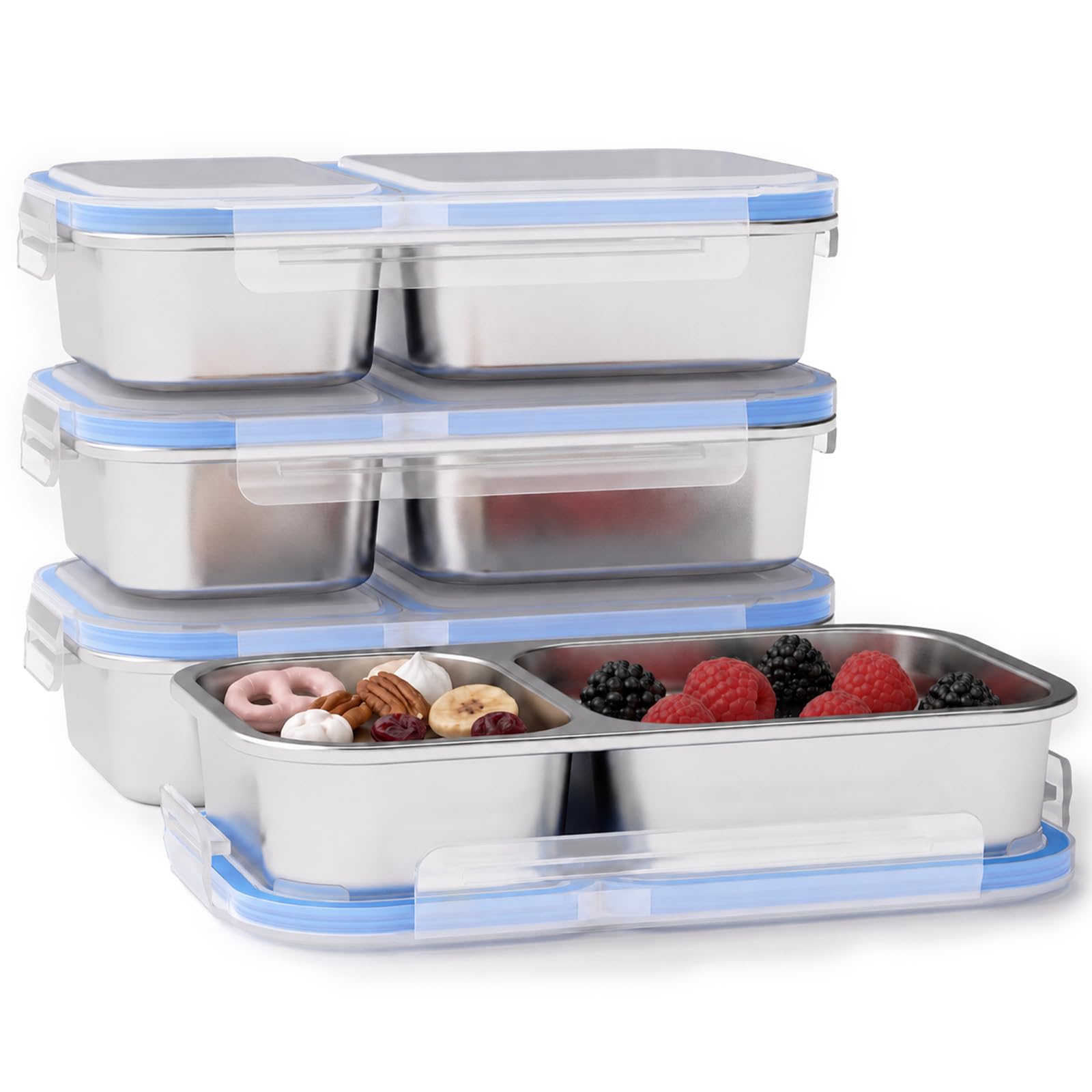 TotTree 4 Pack Stainless Steel Snack Containers, 2 Compartment Metal Snack Box Container with Lid, Reusable Lunch Food Storage C