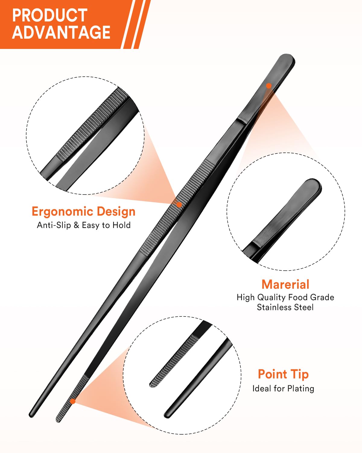 Kitchen Tweezers Fine Tweezer Tongs For Cooking, Black Stainless Steel Food Tweezers, Multi-Function Precision Serrated Tips Coo