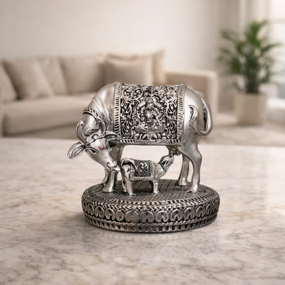 Gold Art India Kamdhenu Cow And Calf Idol | Antique Silver Plated Design Kamdhenu Murti | 3.5 Inch Sacred Gau Mata Statue For Ho