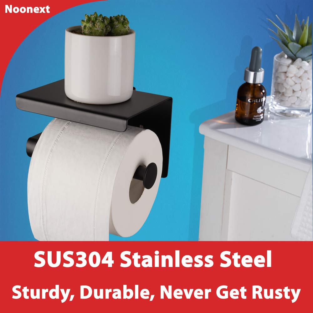 Matte Black Toilet Paper Holder Adhesive  Toilet Paper Roll Holder with Shelf  3M Adhesive No Drill or Wall-Mounted with Screws for Bathroom & Kitchen