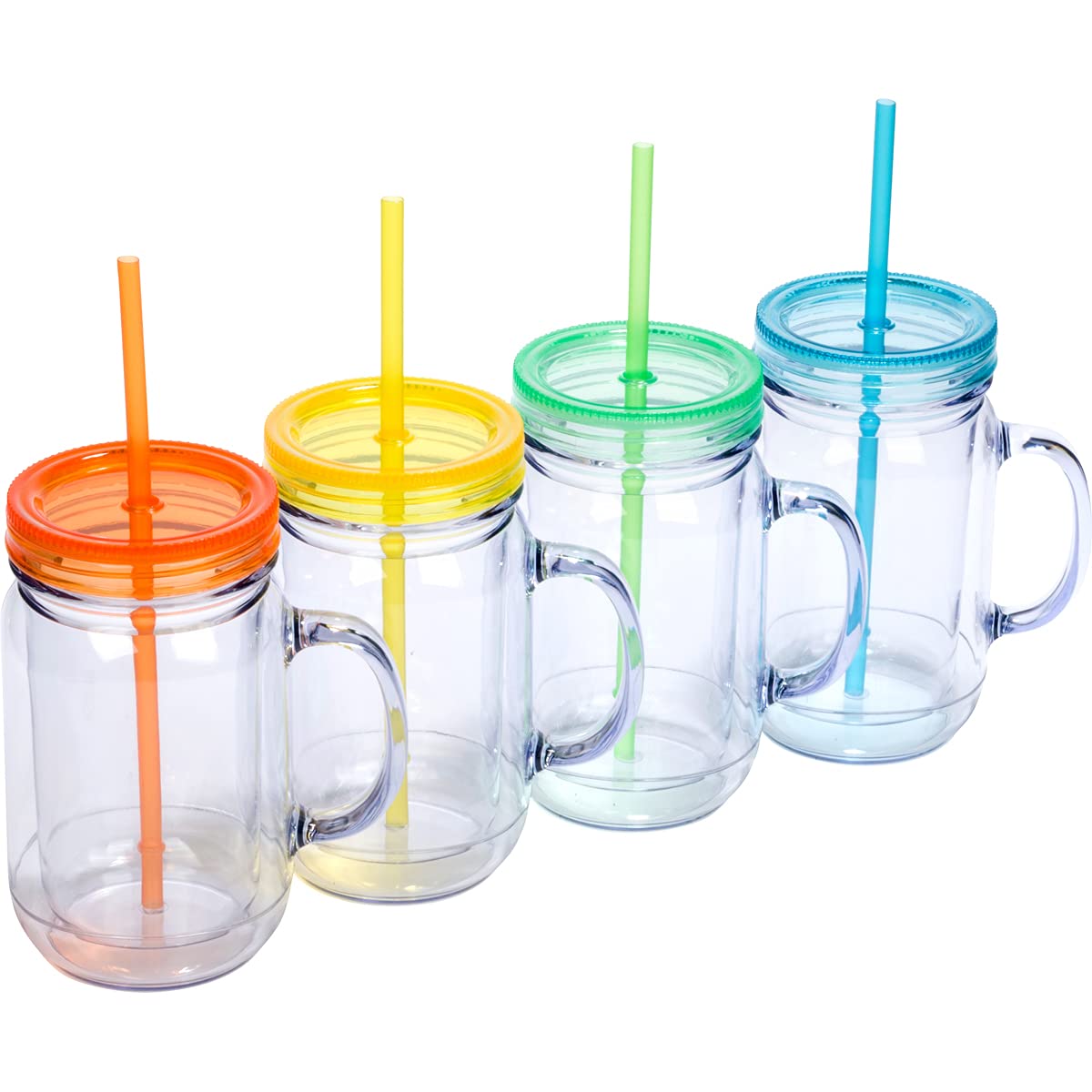 Zephyr Canyon Plastic Mason Jars with Handles, Lids and Straws | 20 oz Double Insulated Tumbler with Straw | 4 Pack Set of 4 | W