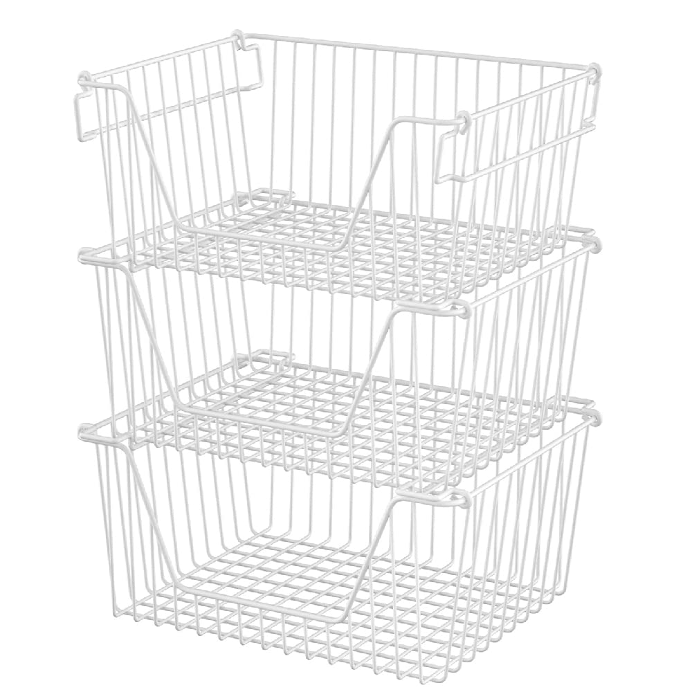 Slideep 14'' Large Bin Baskets Stacking Baskets Sturdy Metal Wire Storage Baskets Organization With Handles For Pantry, Kitchen,