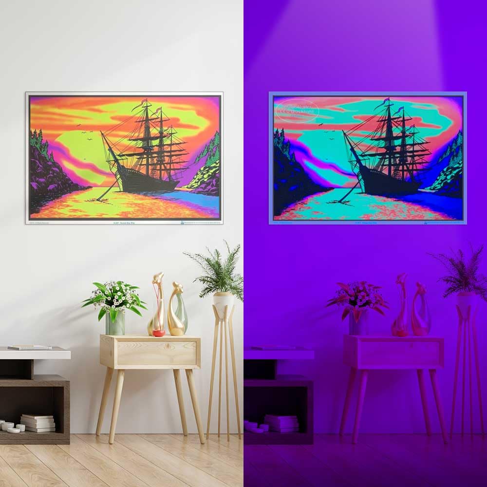 Sunset Bay Ship Blacklight Poster - Authentic Blacklight-Reactive Flocked Material - 35'' X 23''
