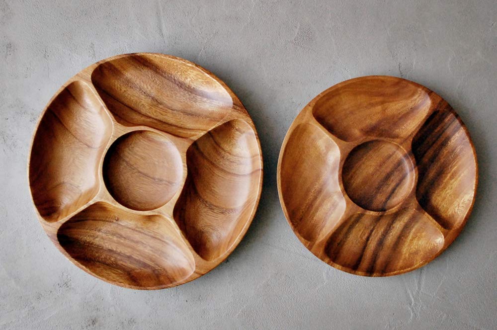 Diameter 12'' Premium Acacia Wooden 5-Compartment Divided Round Wood Plate Divided Dessert Serving Trays Platters 5 Section