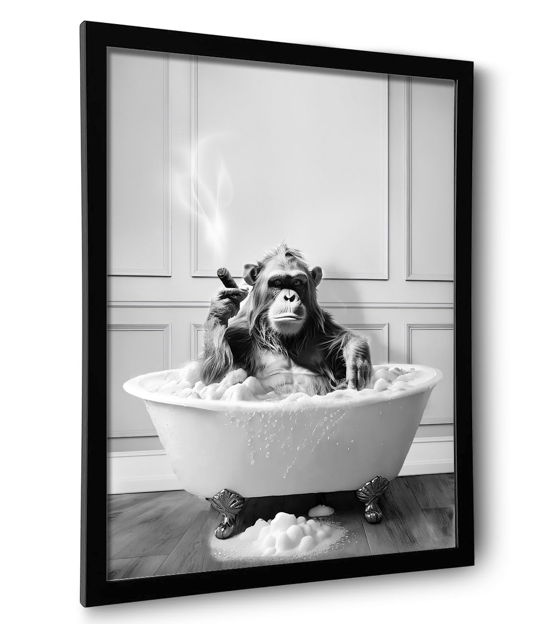 Framed Bathroom Decor Wall Art, Chimpanzee In Bathtub, Black And White Wall Art, Funny Bathroom Wall Decor Signs, Cute Animal Ar
