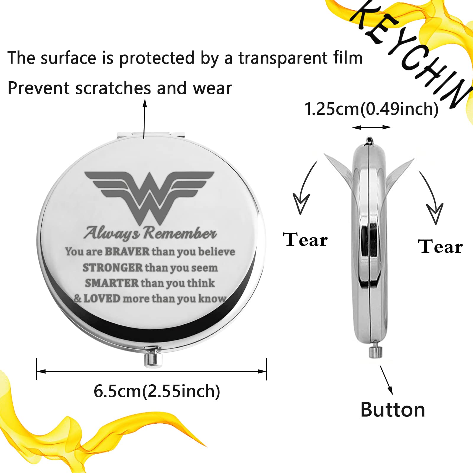 Keychin Heroine Pocket Mirror Diana Fans Gift You Are Braver Stronger Smarter Than You Think Heroine Compact Mirror (Heroine Mir