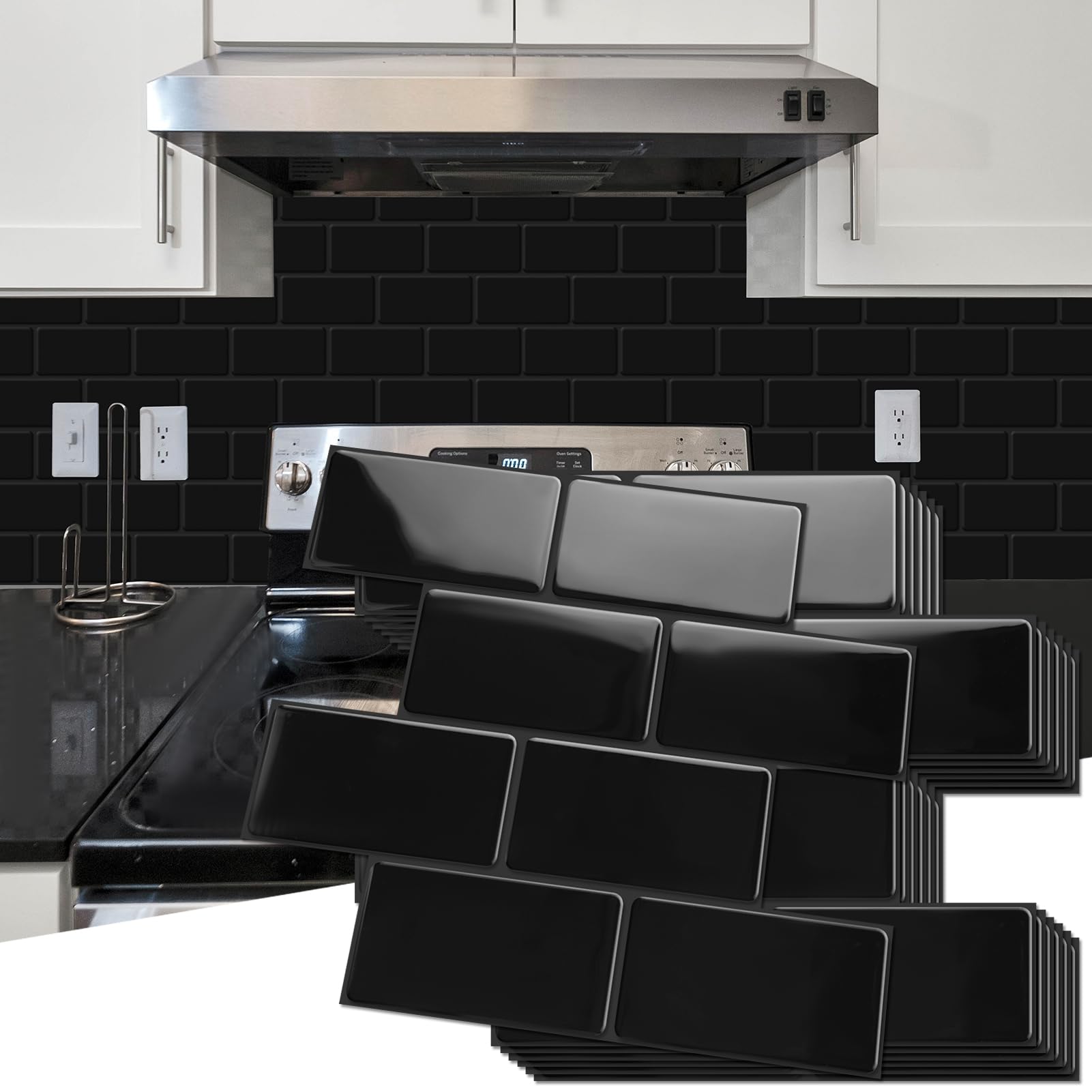 Art3D Peel And Stick Backsplash, 10-Pack Thickened Stick On Subway Tiles, Faux Ceramic Tiles For Kitchen, Bathroom, Black