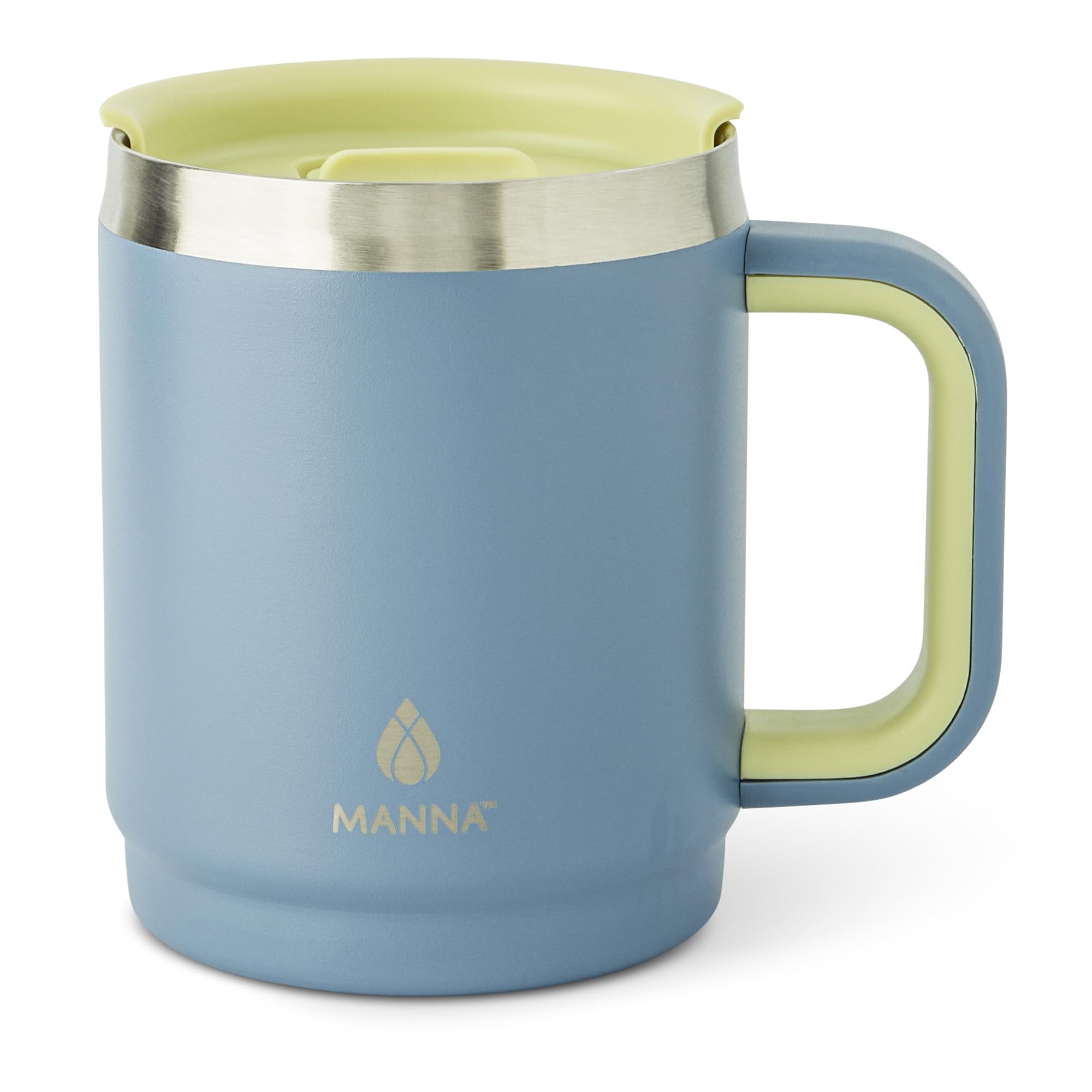 Manna Boulder Mug with Splashproof Sliding Lid  14 Oz  Two Tone Faded Denim and Celery Sprout
