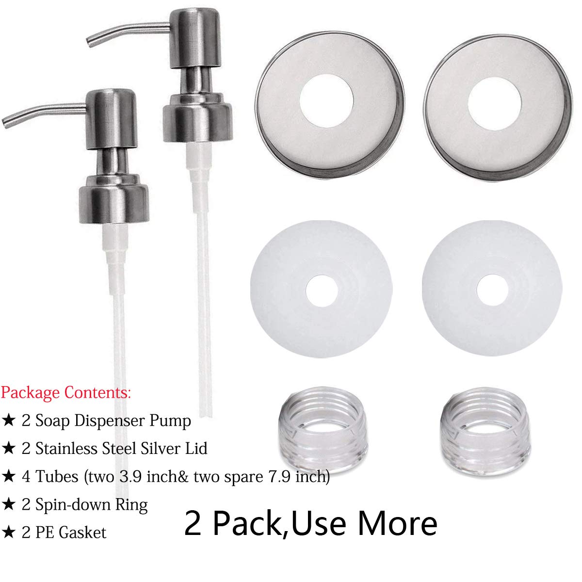 Mason Jar Soap Dispenser Lid And Pump Replacement Brushed Stainless Steel Rust-Proof Leak-Proof For Regular Mouth Size Lid Or Mo