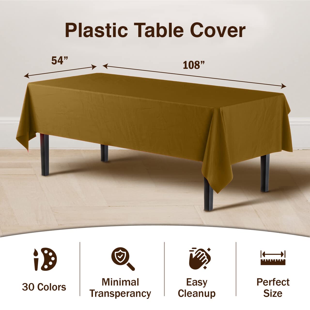 Exquisite 6-Pack Premium Plastic Tablecloth 54In. X 108In. Rectangle Plastic Table Cover - Gold