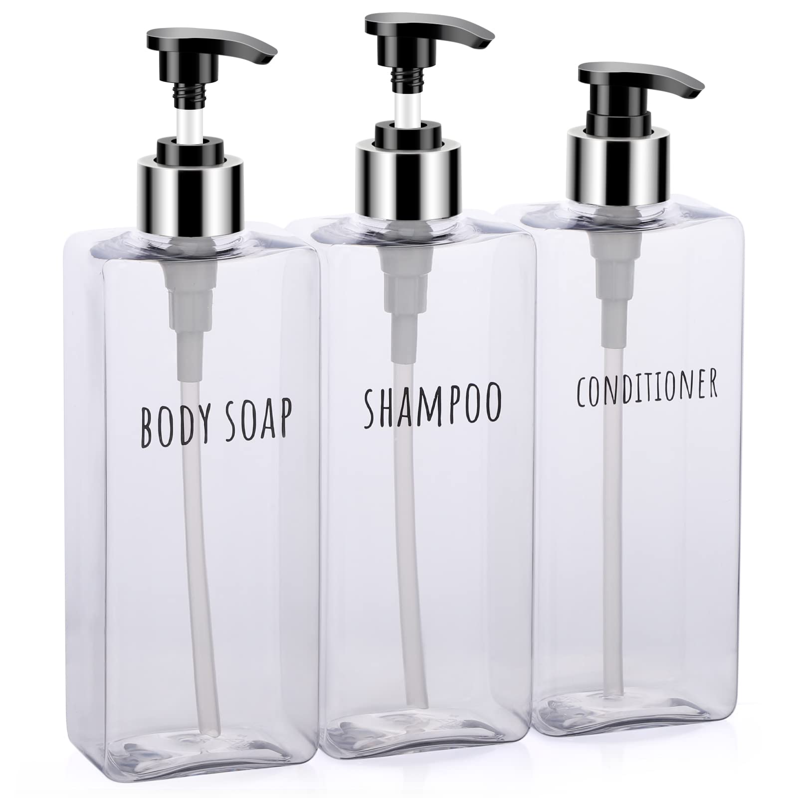 Segbeauty 3Pcs Clear Soap Dispenser, 16.9Oz Refillable Shampoo Conditioner Bottles, 500Ml Empty Plastic Square Body Wash Dispens