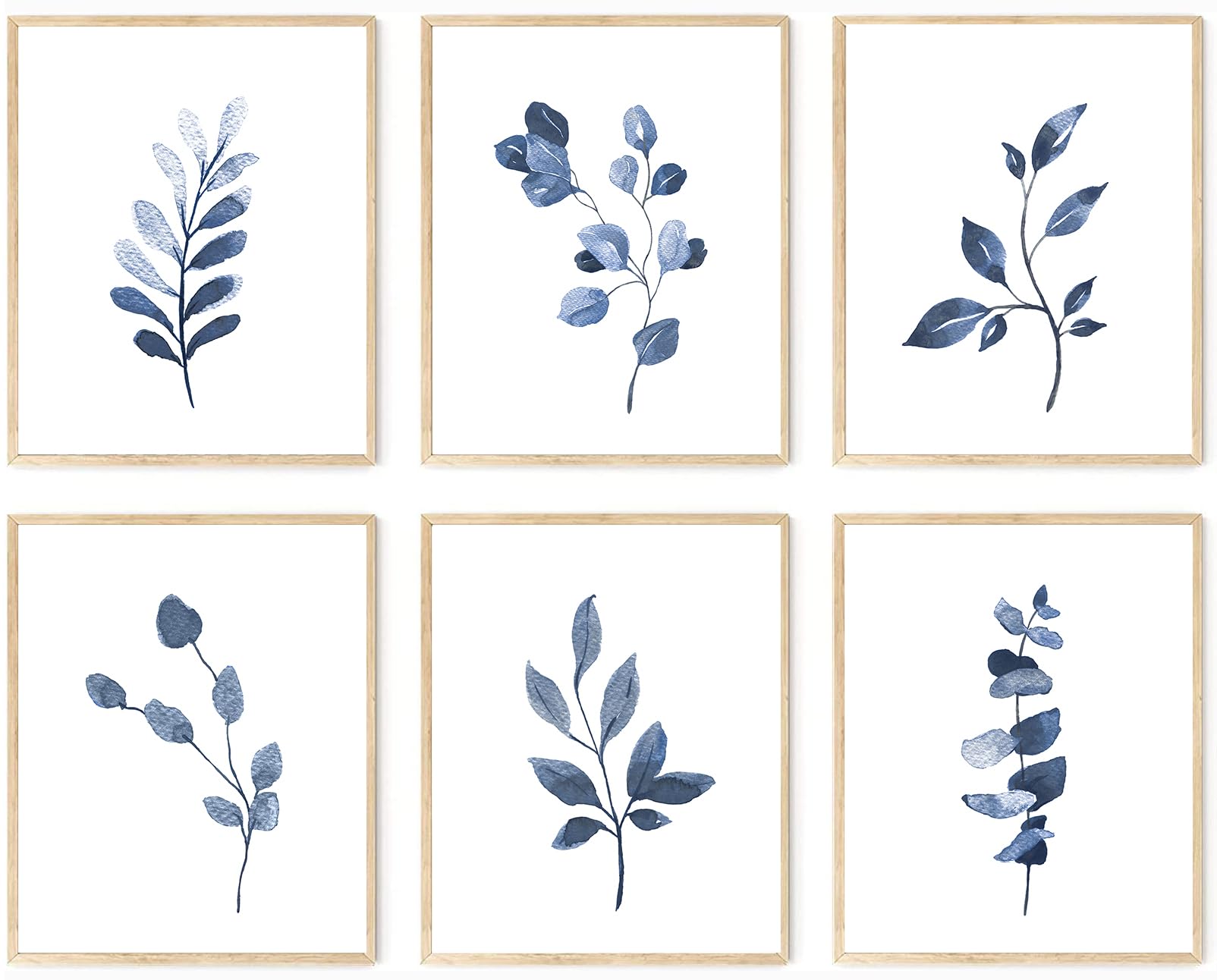 Navy Blue Botanical Wall Art Set Of 6, Minimalist Abstract Botanical Prints Watercolor Blue White Leaf Plant Wall Decor Canvas P