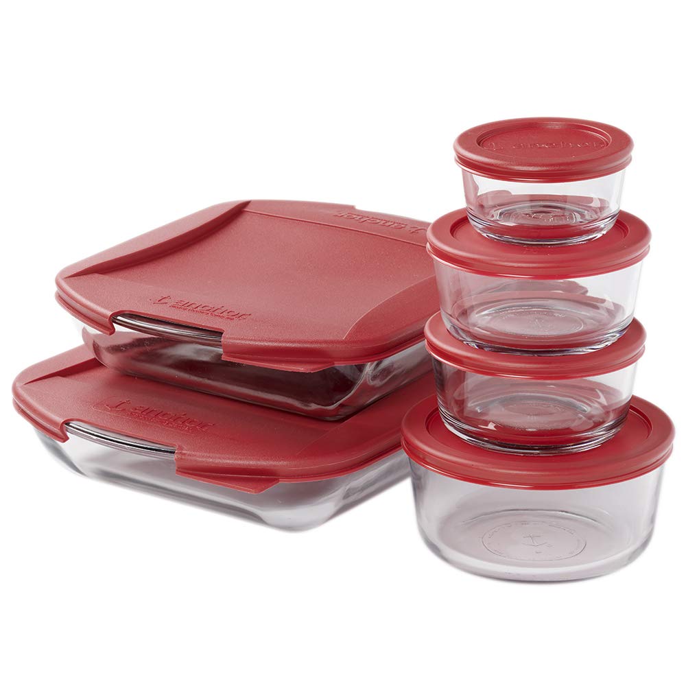 Anchor Hocking 12 Piece Glass Food Storage and Embrace Baking Dish Set with Cherry BPAFree SnugFit Lids, Microwave, Oven, Freez