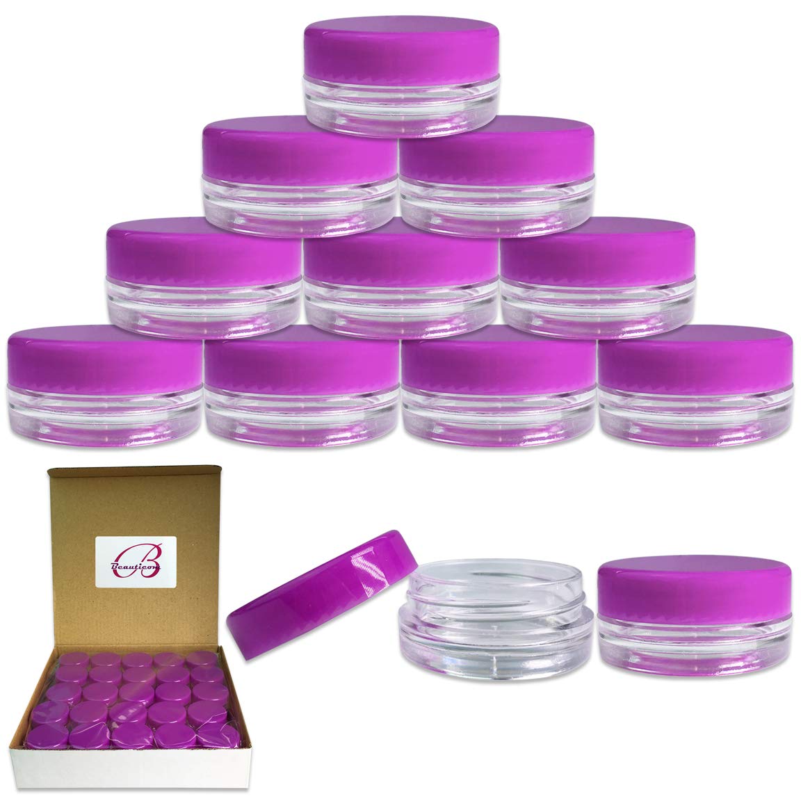 (Quantity: 50 Pieces) Beauticom 3G/3Ml Round Clear Jars With Purple Lids For Scrubs, Oils, Toner, Salves, Creams, Lotions, Makeu