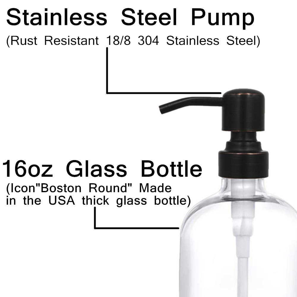 2 Pack Thick Clear Glass Boston Round Bottles /Oil Rubbed Bronze Stainless Steel Pumps, 16 Ounce Jar Soap Dispenser With Rustpro
