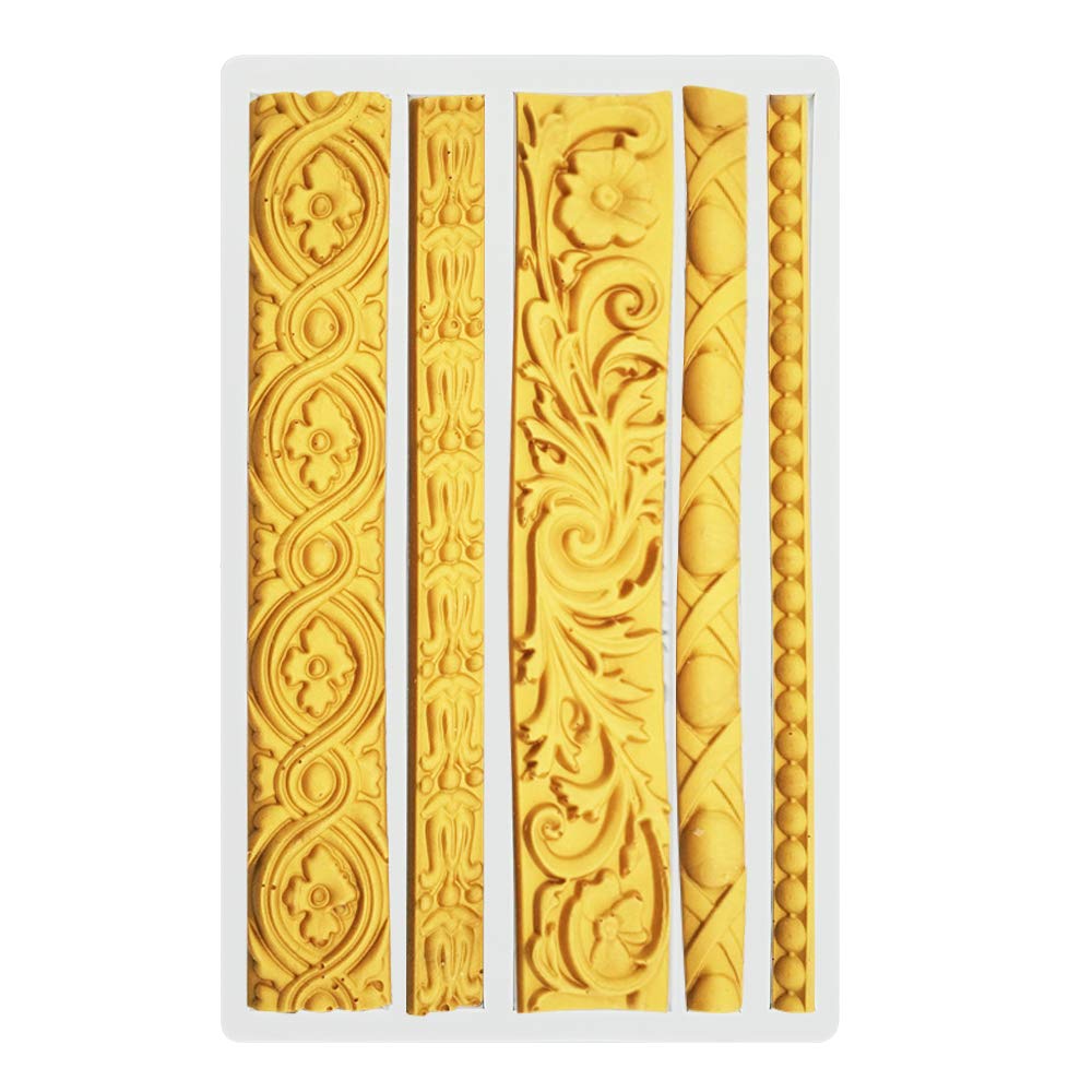 Palksky Diy Baroque Scroll Relief Cake Border Silicone Mold/Vintage Curlicues Fondant Molds Flower Frame Edible Lace Mould Mat F