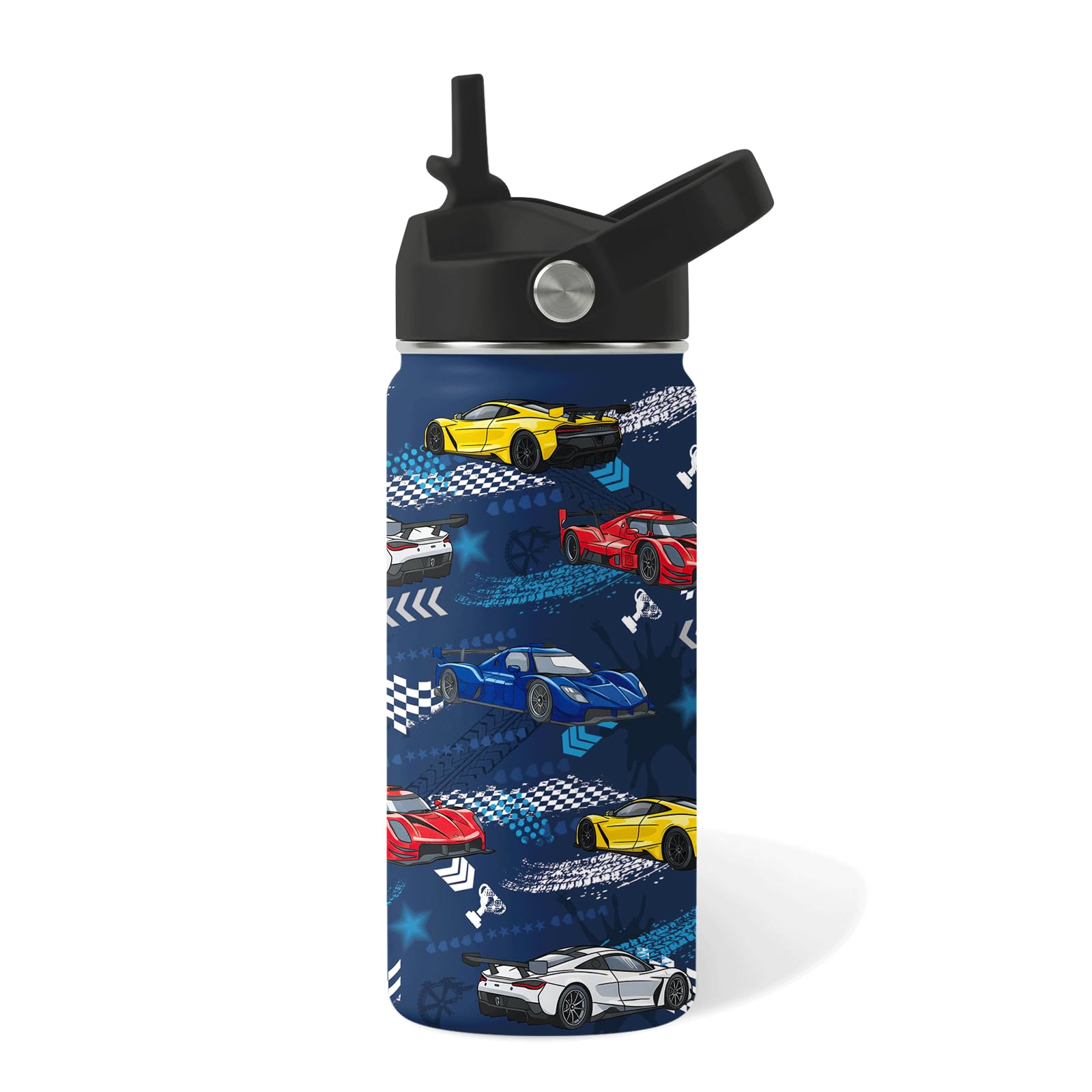 Racing Car Gifts for Boys - 16oz Kids Water Bottle with Straw Lid, Stainless Steel Insulated Bottle, Leak Proof, BPA-Free, Racin